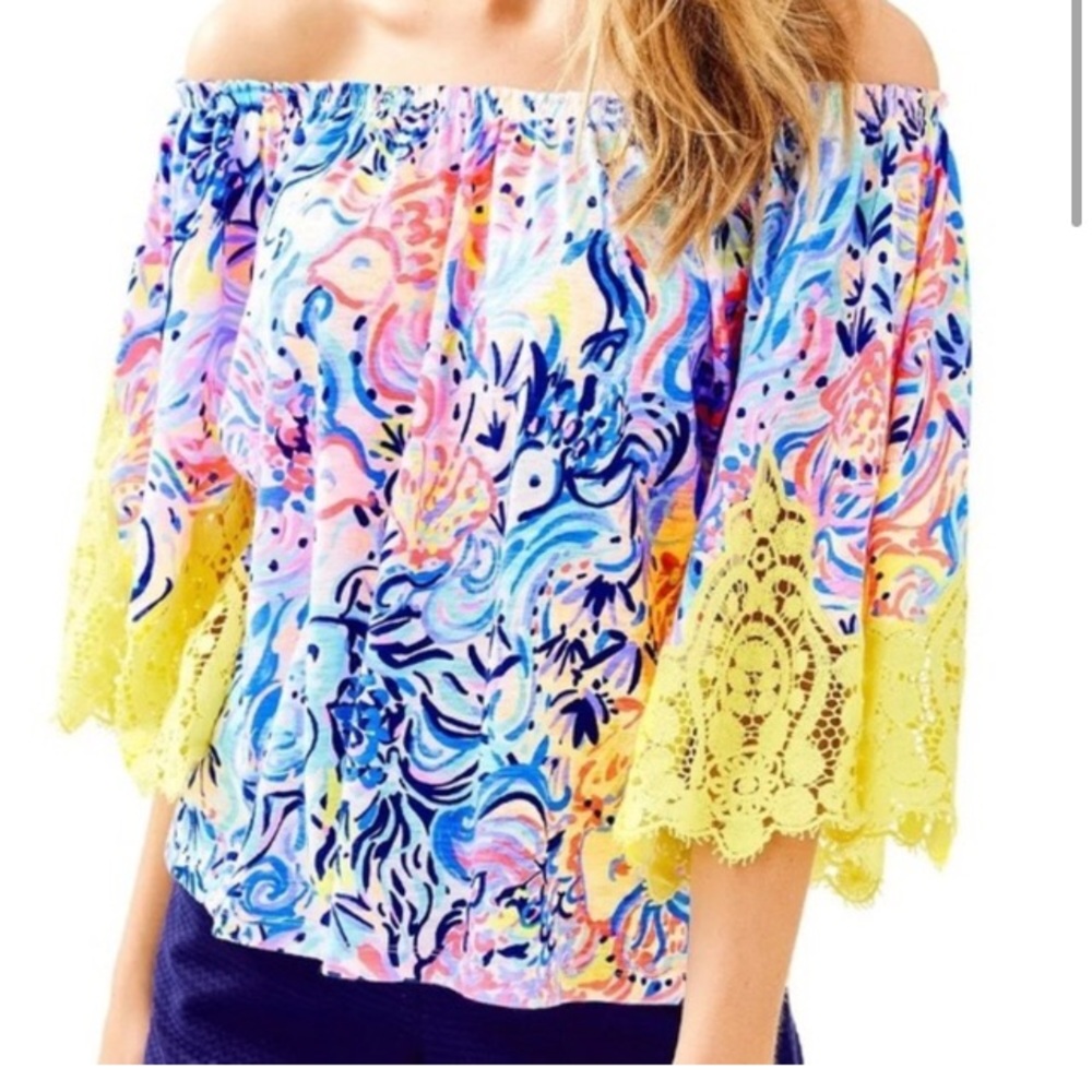 Lilly Pulitzer lace trim cotton off shoulder top S
